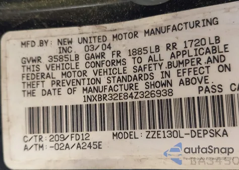 2004 Toyota Corolla S from USA, damaged, VIN 1NXBR32E84Z326938